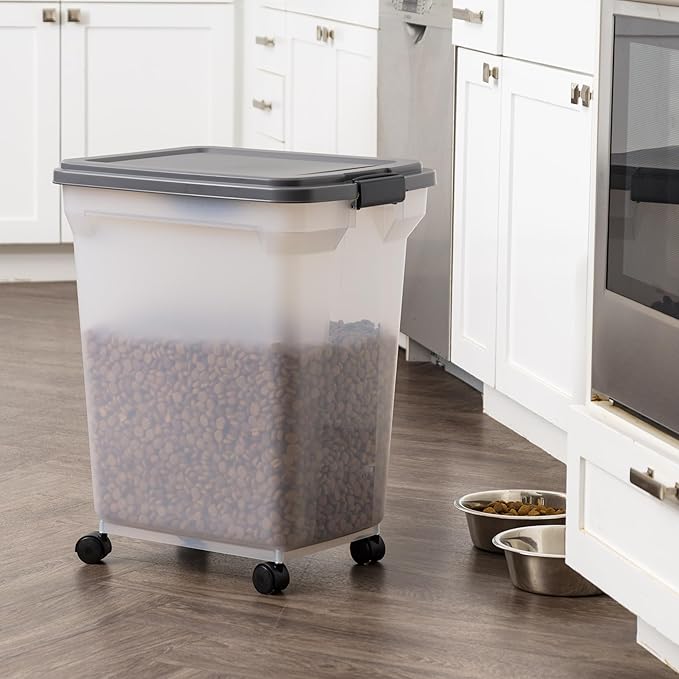 IRIS USA Dog Food Storage Container 58 lbs, Attachable Wheels, & Included Scoop, for Dog Cat Birds and other Pets, Food Storage Bin, Keep Fresh, Easy Mobility, BPA Free - Made in the USA, Dark Gray