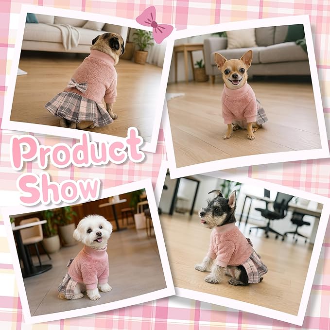 YUDODO Fleece Small Dog Sweater Dress with Bowtie, Female Fall Winter Warm Dog Clothes, Princess Sweater Dress for Small Dogs Girl (Pink, S)