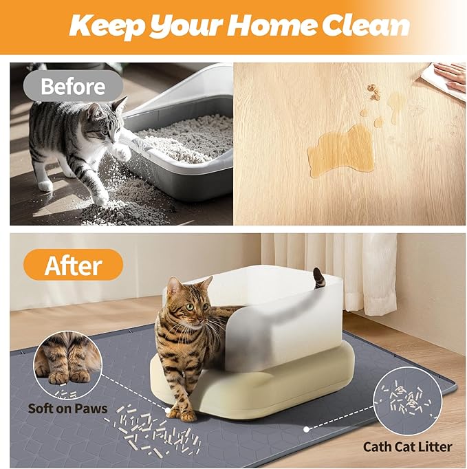 Cat Litter Mat, Extra Large 33.8" x 22" Silicone Mat Litter Trapping Mat for Scatter Control, Soft on Kitty Paws, Easy to Clean (Dark Grey)