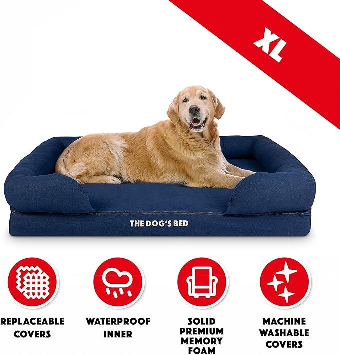 The Dog’s Bed, XL Blue Denim, Memory Foam, Pain Relief: Arthritis, Hip & Elbow Dysplasia, Post Surgery, Lameness, Supportive, Calming, Waterproof Washable Cover