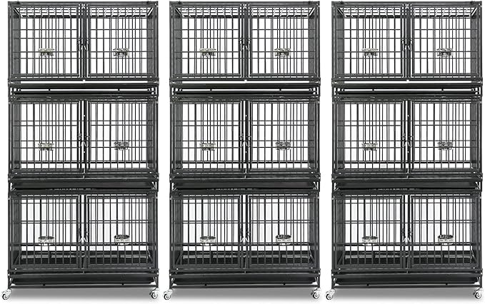 Homey Pet 3 Pack Three Tiers 43 inch Stackable Heavy Duty Dog Crate with Wheels, Indestructible Steel Dog Cage Kennel Indoor with Detachable Divider, Trays, Feeding Bowls, Escape Proof Locks