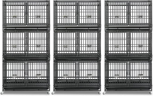 Homey Pet 3 Pack Three Tiers 43 inch Stackable Heavy Duty Dog Crate with Wheels, Indestructible Steel Dog Cage Kennel Indoor with Detachable Divider, Trays, Feeding Bowls, Escape Proof Locks