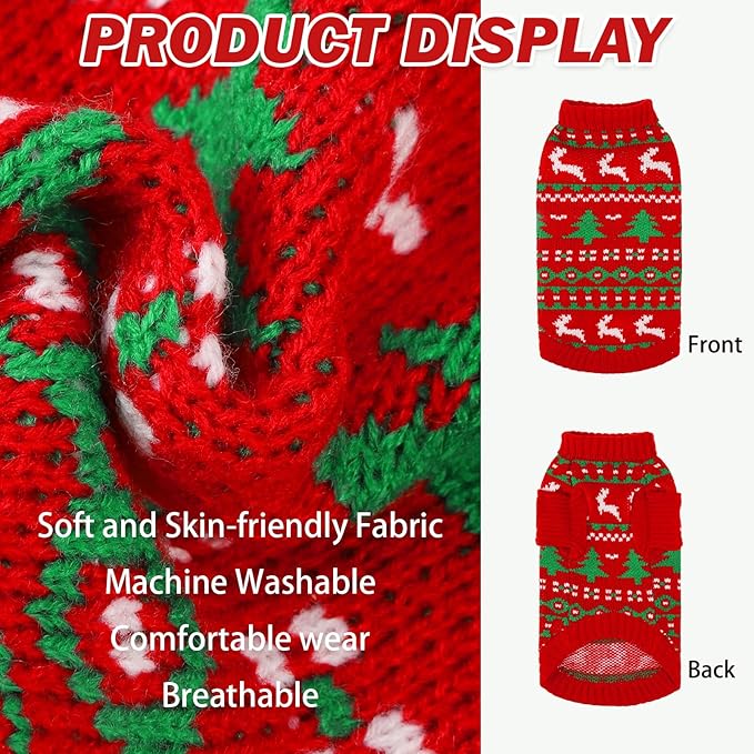 KOOLTAIL Cat Sweater Turtleneck- Soft Knit Cat Christmas Sweaters for Cats Only, Elk Christmas Tree Pattern Thick Warm Cold Weather Pet Clothes Outfit for Small Medium Large Size Kitten Puppy Red L