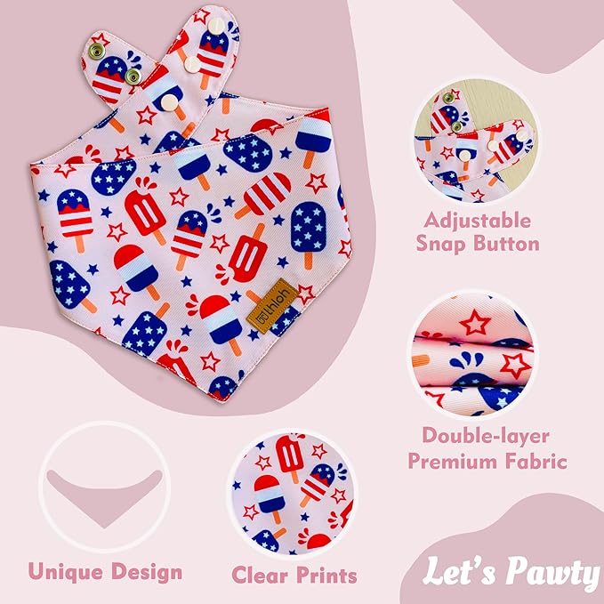 4th of July Dog Bandanas with Snap Button, 2 Pack American Flag Pet Scarf for Boy & Girl, Premium Durable Fabric, Adjustable Fit, Patriotic Bandana for Medium and Large Dogs (Large)