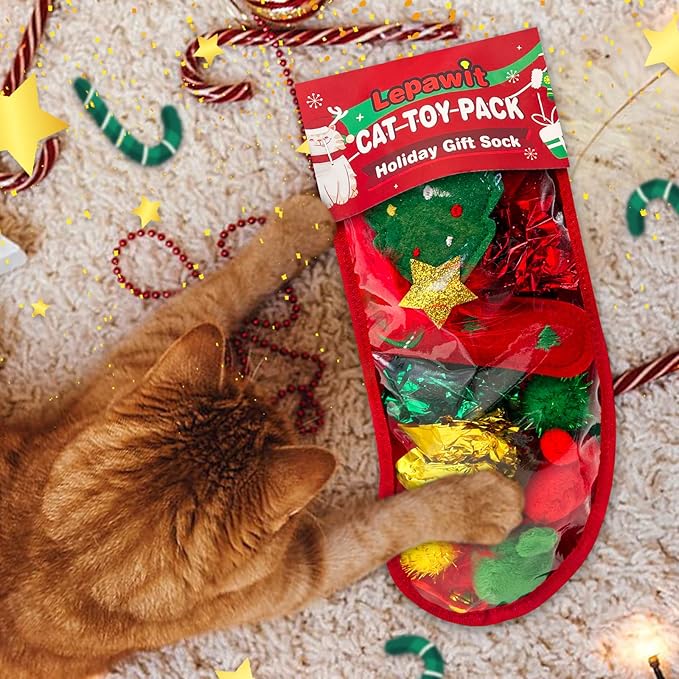 Cat Christmas Stocking, 10 Pack Christmas Cat Toys, Cat Gifts for Christmas, Interactive Cat Feather Toy with Catnip, Cat Ball Toys, Crinkle Balls for Cat, Mice Toys for Indoor Cats & Kitten