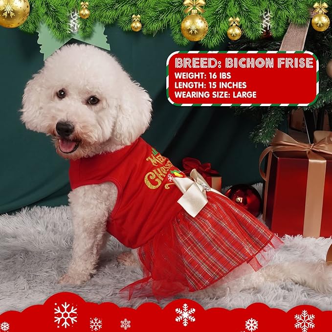 cyeollo Dog Dress Plaid Christmas Dog Clothing for Holiday Theme Outfits Bowtie Girl Pet Dresses for Small Dogs