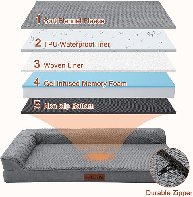 Orthopedic Dog Beds Large Sized Dog, Memory Foam Pet Bed for Large Dogs, Washable Removable Cover, Nonskid Bottom, Waterproof, 44x32x6 Inches, Dark Grey