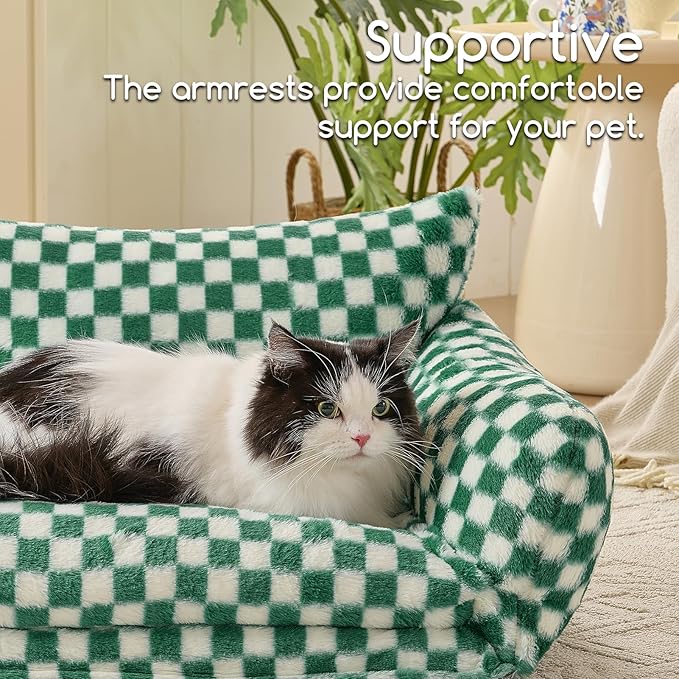 Hollypet Cat Bed Fluffy Plush Mutifuctional Double-Layer Soft Pet Couch Orthopedic Sofa Nest Beds for Small Cats and Dogs, Forest Green and White (25x20x13 inch)