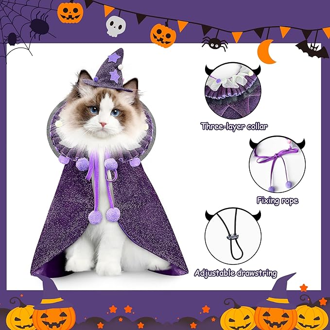 KOUPA Pet Halloween Costume with Hat, Dog Clothes Cosplay Wizard Cloak for Small Puppy Kitten Animal, Shiny Cat Outfit Suit for Party Holiday Christmas, Purple