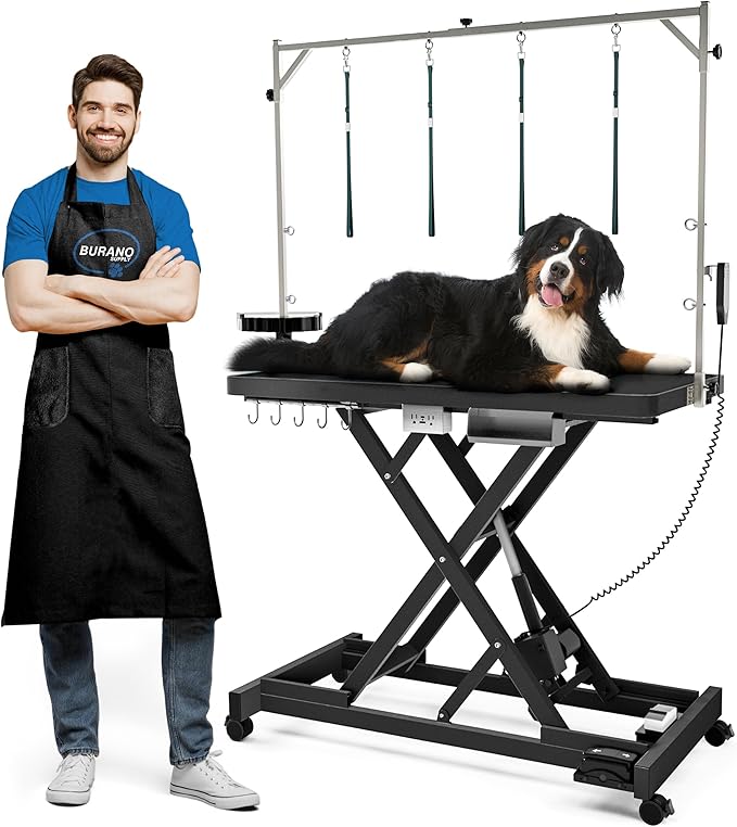 Professional Super Low-Step Electric Dog Grooming Table 49.2", Heavy Duty, Anti-Slip Tabletop, Height Adjustable Dog Table with Lockable Casters, Stainless Grooming Overhead Arm, Dog Grooming Station
