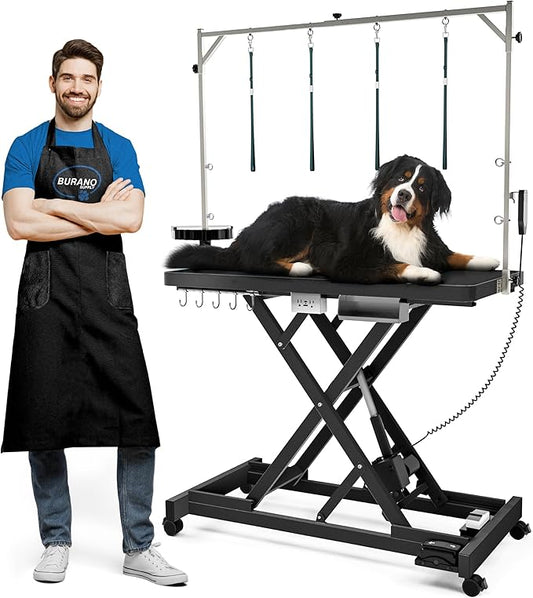 Professional Super Low-Step Electric Dog Grooming Table 49.2", Heavy Duty, Anti-Slip Tabletop, Height Adjustable Dog Table with Lockable Casters, Stainless Grooming Overhead Arm, Dog Grooming Station