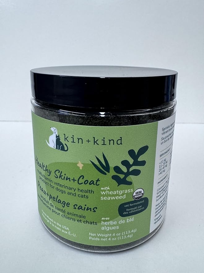 kin+kind Organic Multivitamin for Dogs & Cats - Pet Supplement for Healthy Skin and Coat - Safe, Natural Formula with Wheatgrass, Kelp, Seaweed and Coconut - Made in USA - 4oz (Medium)