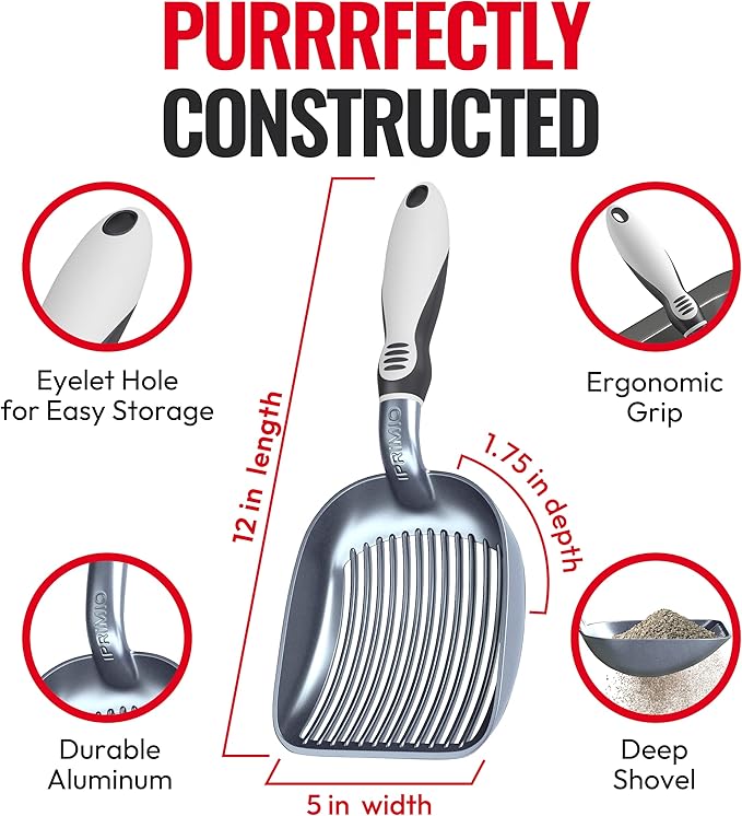 Sifter w/ Deep Shovel Cat Litter Scoop - Designed by Cat Owners - Durable Plastic Cat Litter Scooper for Litter Box - Solid Strong Handle. By iPrimio. Patented Kitty Litter Scoop