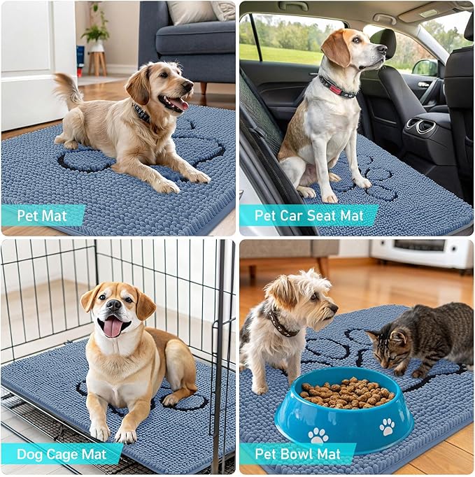 OLANLY Dog Door Mat for Muddy Paws 30x20, Paw Print Design, Absorbs Moisture and Dirt, Non-Slip Washable Doormat, Quick Dry Chenille Mud Mat, Entry Indoor Entryway Carpet, Airy Blue and Black