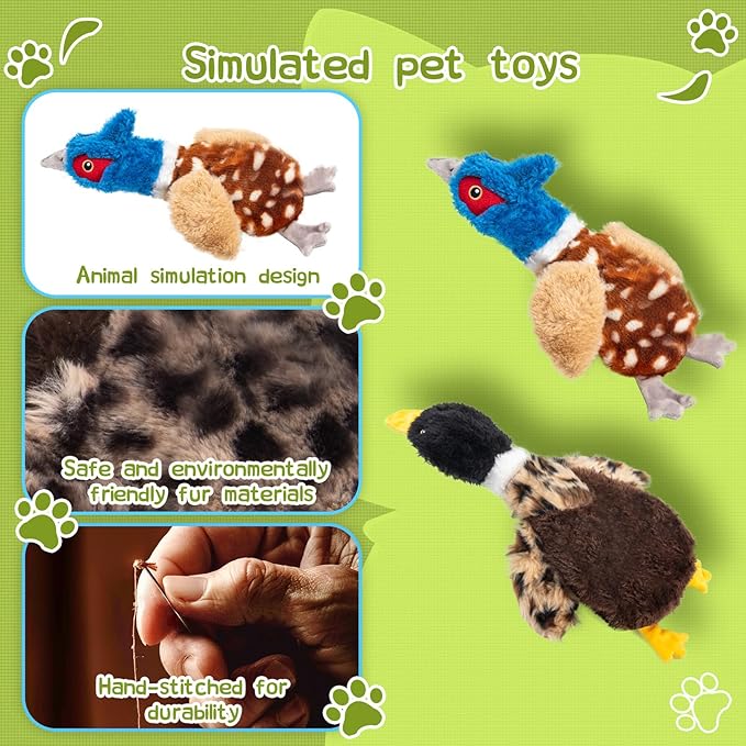 2-Pack Stuffing-Free Squeaky Dog Toys: Pheasant & Black-Headed Duck (4 Squeakers Each) | Hollow-Body Plush with Strategic Sound Zones