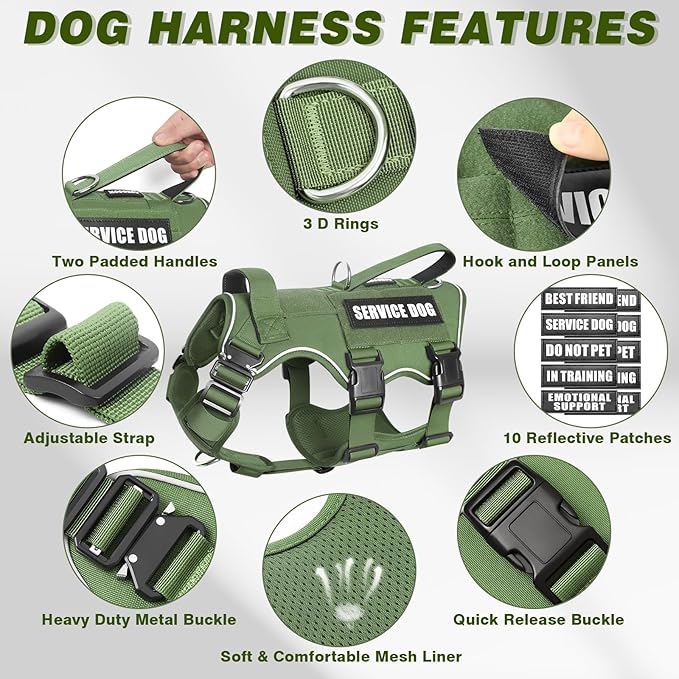 Tactical Service Dog Vest Harness and Leash Set,Heavy Duty Dog Harness with Metal Buckles for Large Dogs,Adjustable No Pull Pet Vest with 10 Patches,for Training Working,Green L