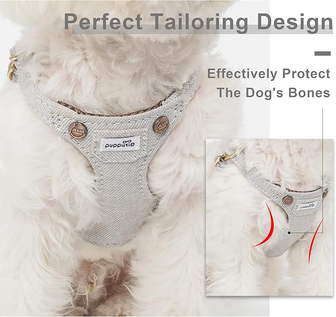 Puppytie No Pull Dog Harness with Multifunction Dog Leash,Soft Adjustable No Choke Escape Proof Pet Harness Vest for Medium Dogs,Denim Gray,M