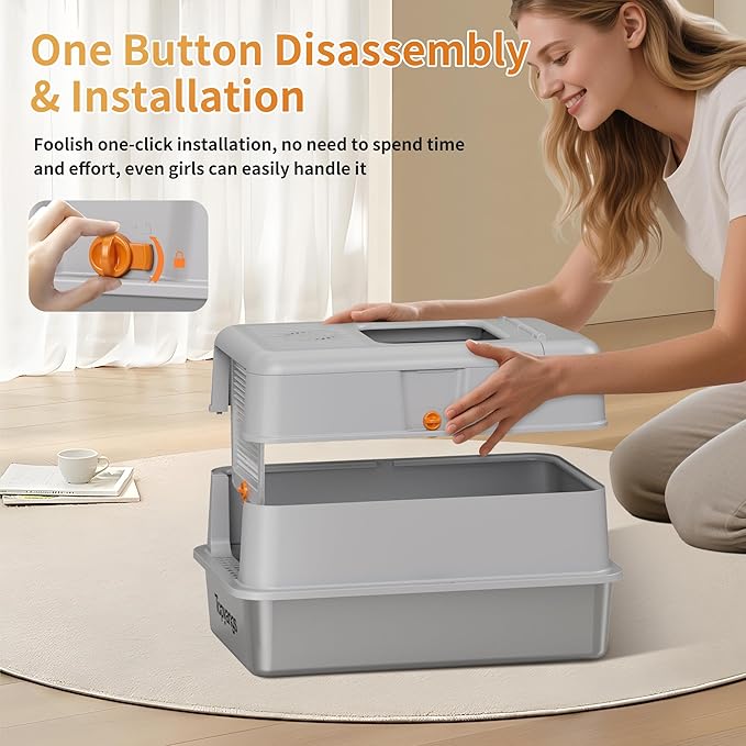 Stainless Steel Litter Box with Lid, 135° Flip-Top Design Metal Enclosed Litter Box for Big Cat, Breeze Litter Box System with Anti-Leakage High Sides, Large Cat Lovers Gifts（Gray）