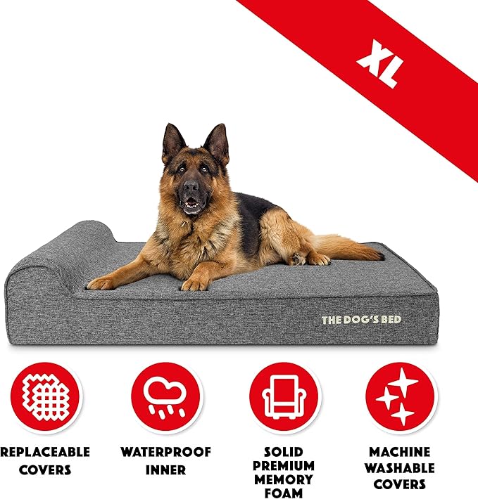 The Dog’s Bed Orthopedic Headrest Dog Bed XL Linen Grey, Memory Foam, Pain Relief for Arthritis, Hip & Elbow Dysplasia, Post Surgery, Lameness, Waterproof Washable Cover