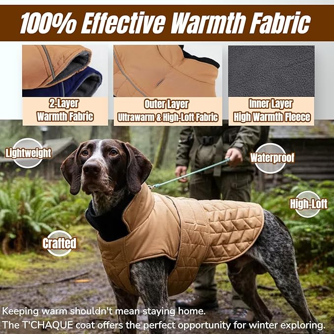 Outdoor Classic Quilted Upgraded Dog Winter Coat, Waterproof & Lightweight Coats for Large Dogs, 2-Layer Warmth Jacket with Reflective Strip Leash hole, Active Fit Pet Clothes for Girls Boys(Khaki,XL)