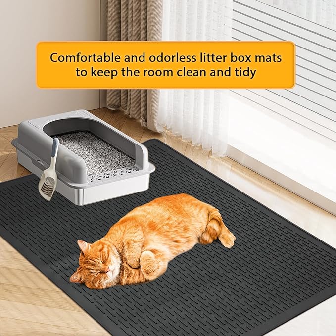 Cat Litter Mat,39x27in Waterproof Litter Mat,Large Rubber Litter Box Mats Easy to Clean,Washable Soft Cat Litter Mats Litter Trapping Mat,Indoor Floor XL Kitty Litter Mats-Black