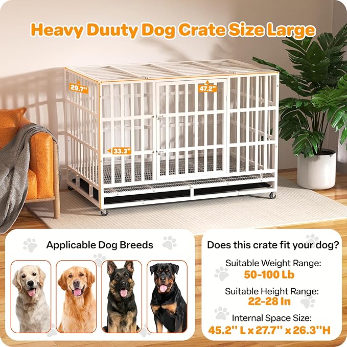 Heavy Duty Indestructible Dog Crate 48 Inch with Removable Tray, Sizes & Colors Optional, Escape Proof Double Door High Anxiety Cage Indoor, Kennel with Wheels for Large Dogs, XL XXL XXL