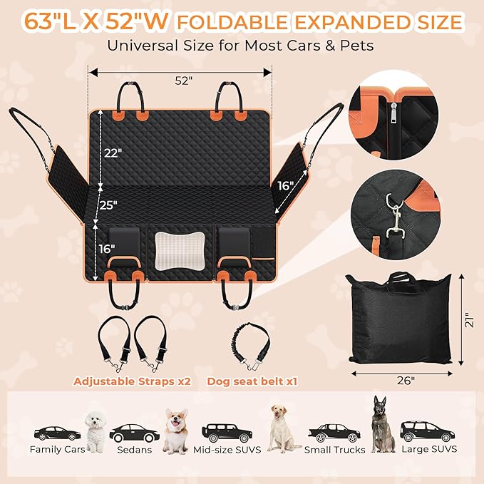 Back Seat Extender for Dogs,Dog Car Seat Cover for Back Seat with Hard Bottom Holds 450 lbs Dog Hammock for Car,100% Waterproof for Car/SUV/Small Truck