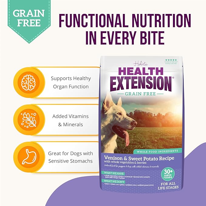 Health Extension Grain Free Venison & Sweet Potato Dry Dog Food (10 lb / 4.54 kg) - Lean Protein Formula for Dogs with Poultry Allergies & Sensitive Stomachs