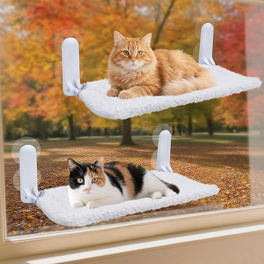Cat Window Perch, Cordless Foldable Cat Hammock Bed with 4 Suction Cups, Embeded Machine Washable Bed for Indoor Cats, Strong Metal Frame Holds 40lbs (Beige, Two Pieces)