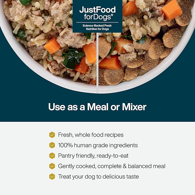 JustFoodForDogs JustFresh Wet Dog Food, Fresh Pet Meals and Toppers with No Preservatives, Resealable Package, Human Grade, Home-Cooked Beef, 12 oz - 7 Pack