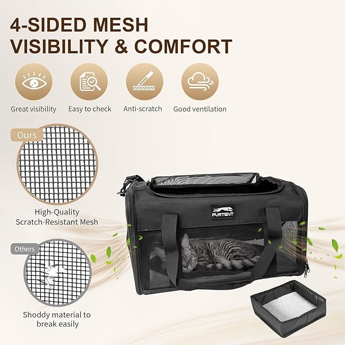 TSA Approved Pet Carrier in Cabin with Foldable Litter Box for Kittens and Small Dogs Fits Pets Up to 15 lbs, Animal Rabbit Puppy Soft Pet Carrier Portable Airline Approved, Travel for Comfort, Black