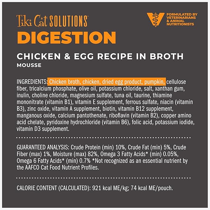 Tiki Cat Solutions Digestion Mousse, Chicken & Egg Recipe in Broth, Formulated to Support Healthy Digestion, Functional Wet Cat Food, 2.4 oz. Pouch (12 Count)