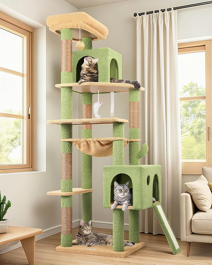 Globlazer Cactus Cat Tree Tower, 70inch Heavy Duty Cat Tree for Indoor Cats Sturdy Large Cat Tower with Scratching Post and Scratching Board, Hammock, Cat Condo for Adult Cats Kittens, F70 Pro, Green