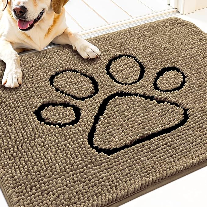 OLANLY Dog Door Mat for Muddy Paws 30x20, Paw Print Design, Absorbs Moisture and Dirt, Absorbent Non-Slip Washable Doormat, Quick Dry Chenille Mud Mat for Dogs, Entry Indoor Entryway Carpet, Tan