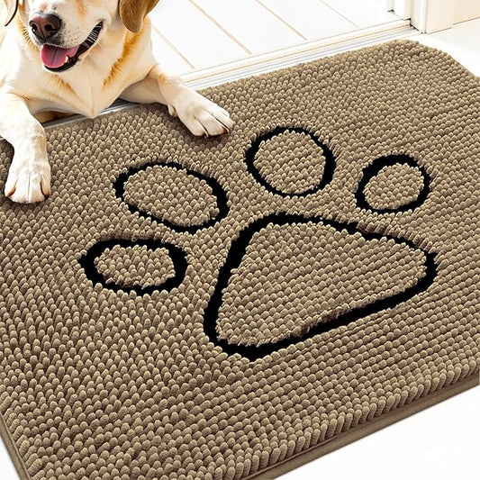OLANLY Dog Door Mat for Muddy Paws 30x20, Paw Print Design, Absorbs Moisture and Dirt, Absorbent Non-Slip Washable Doormat, Quick Dry Chenille Mud Mat for Dogs, Entry Indoor Entryway Carpet, Tan