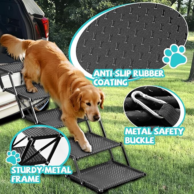 Extra Wide Dog Stairs for Car - Foldable Dog Ramps for Large Dogs with Non Slip Surface, Portable Pet Stairs for Cars and SUV, Truck, Sofas, Bed Support Up to 250 lbs(Wide 5 Steps)