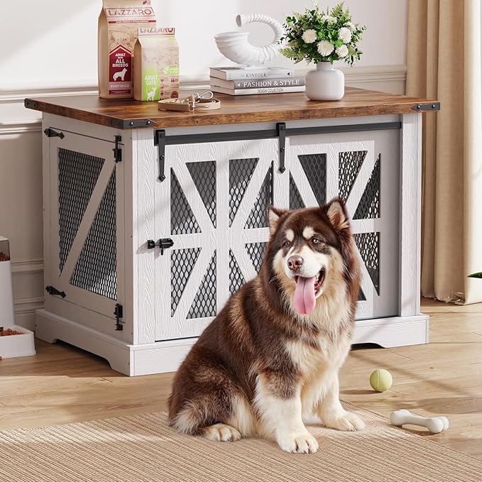 VOPEAK 43.3" XL Dog Crate Furniture, Chew Resistant Dog Crate for Medium Large Dogs, Heavy Duty Extra Large Dog Crate Dog Kennel Indoor with Double Doors, Wooden End Table for Living Room, White