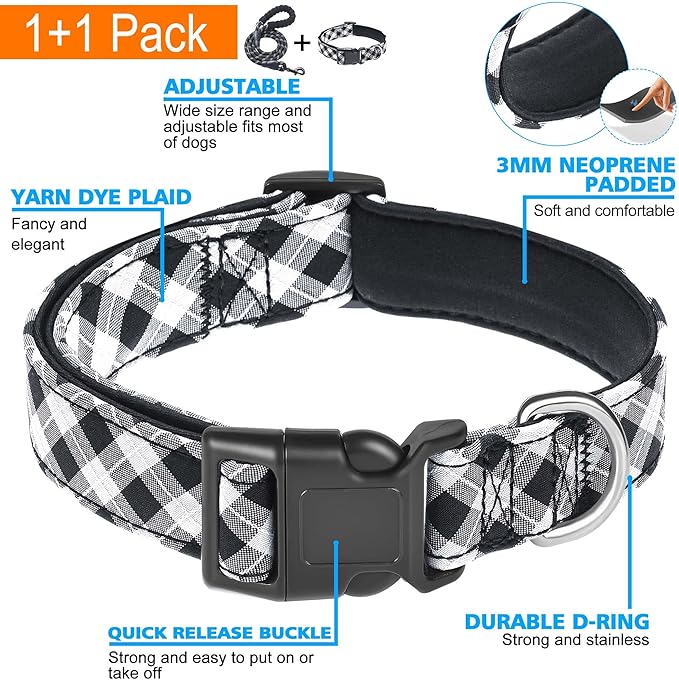 Reflective Dog Collar Padded with Soft Neoprene Breathable Adjustable Nylon Dog Collars for Small Medium Large Dogs (X-Small (Pack of 1), Black Plaid Collar+Leash)
