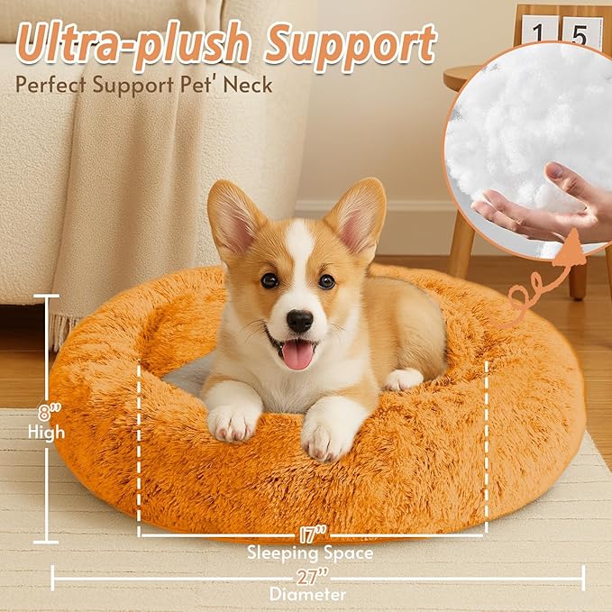 JOLLYVOGUE Calming Dog & Cat Bed for Small Dogs, Anti-Anxiety Donut Cuddler Cozy Soft Round Bed with Anti-Slip Bottom, Fluffy Faux Fur Plush Cushion Beds for Small Medium Dogs (27")