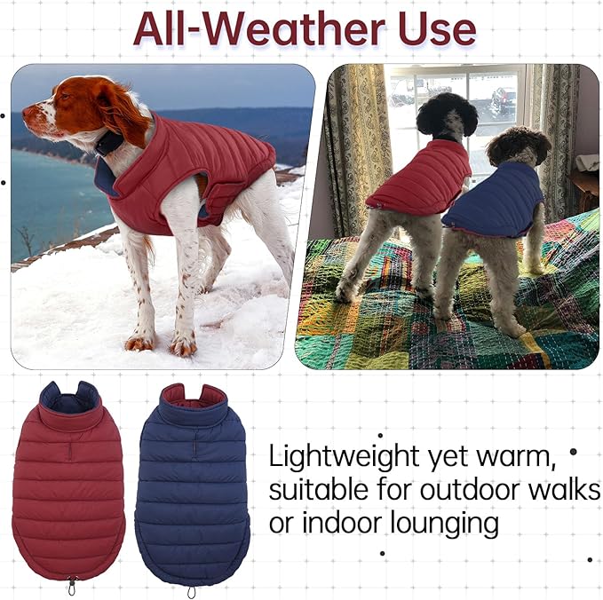 Lelepet Reversible Dog Coat Waterproof Dog Jacket Windproof Puffer Vest for Winter Warm Lightweight Coats for Large Dogs Adjustbale Hook & Loop Pet Apparel with Leash Hole, Pitbull, Wine Red, XL