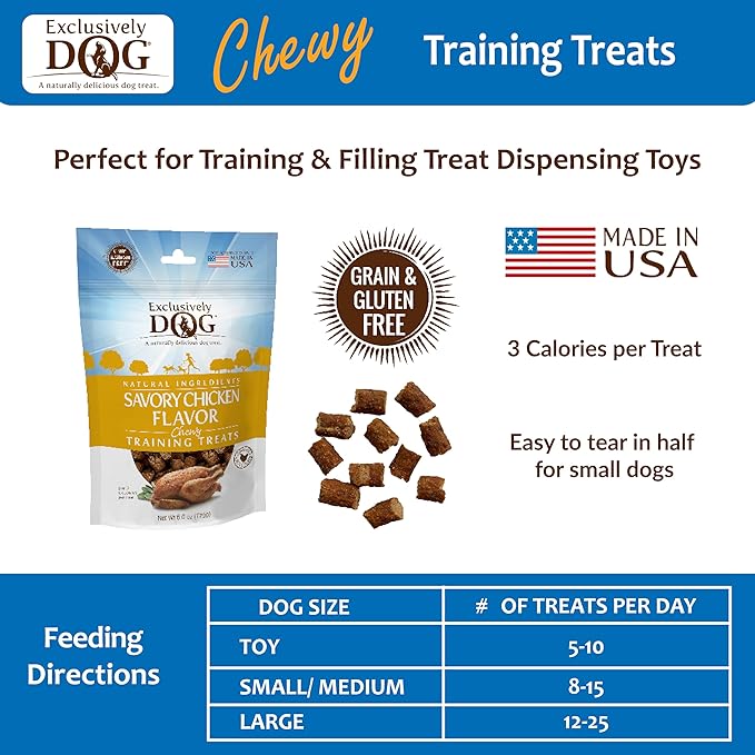 Exclusively Dog Chewy Training Treats Savory Chicken Flavor Grain Free Gluten Free, 100% sourced and Made in The USA, 6 oz.