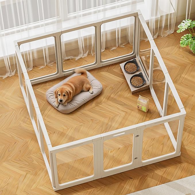 Jalove 12PCS Dog Playpen Clear Puppy Playpen Indoor, 30"H Easy Assemble Transparent Cat Small Pet Play Pen, Sturdy Plastic Dog Fence Crate Kennel Whelping Cage Enclosure for Small & Medium Dogs, White