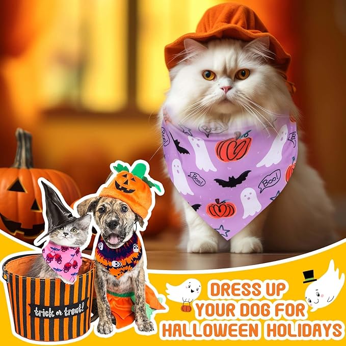 120 Pcs Halloween Dog Bandanas Bulk Pumpkin Ghosts Skeleton Pet Bandanas Dog Handkerchiefs Halloween Scarf Bibs Triangle Bibs Adjustable Kerchief Pet Grooming Costume Accessories