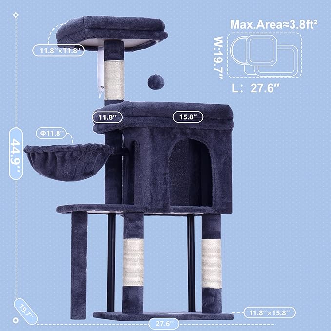 Hey-brother Cat Tree Tower, Scratching Posts with Cozy Condo, Padded Bed, Hammock, Plush Perch, Sisal Post and Ball for Indoor Kittens, 44.9 Inches, Smoky Gray MPJ009SG