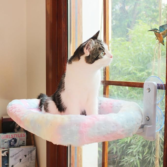 Cat Window Perch, Sturdy Cat Hammock with Strong Suction Cups for Large Heavy Cats, Gradient Color Shiny Fabic with Cushioned Border, Cute Window Bed Seat for Cats Inside with Movable Toy Hooks (XL)