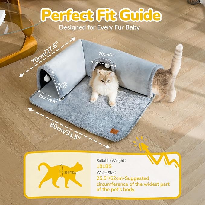 CATISM Cat Bed with Tunnel - Cat Beds for Indoor Cats 3-Way Ports 3 Toys, Soft Cave, Large Tunnel, Detachable Rug, Non-Slip Bottom Carpet for Kitten Ferrets Small Animals