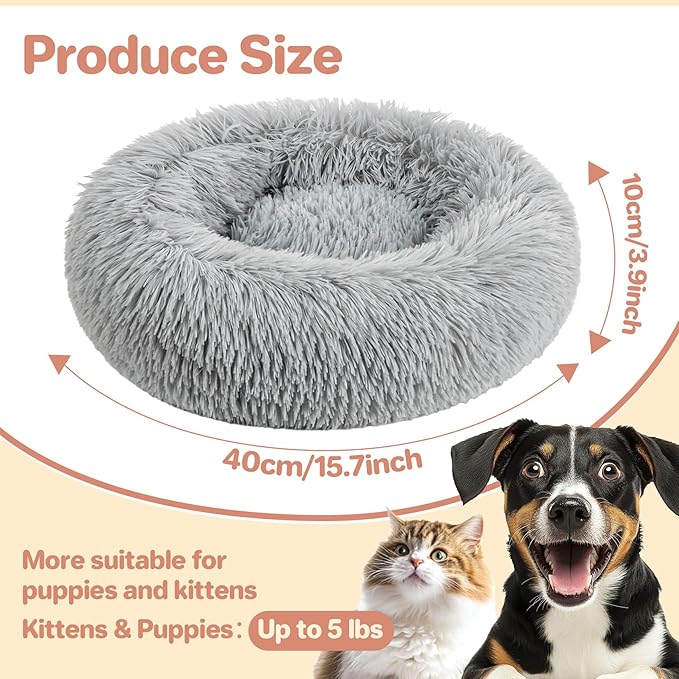 Cat Bed - Calming Cat Bed for Small Kittens Donut Washable Round for Indoor Kittens and Puppies, Anti-Slip Round Fluffy Plush Faux Fur, Medium, Light Grey