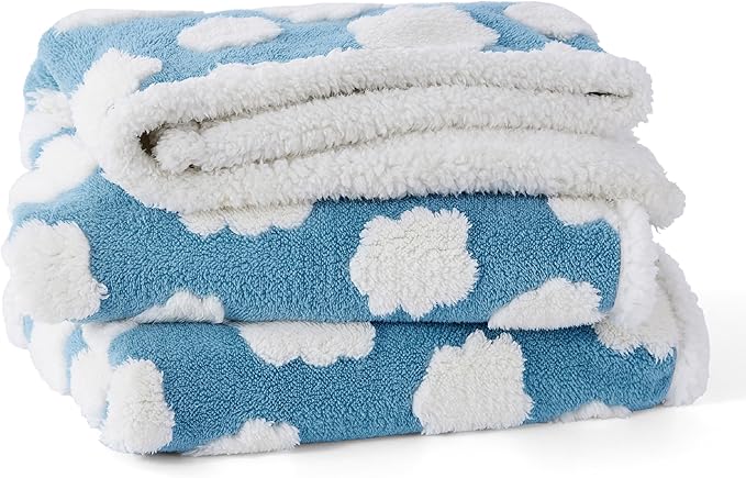 Lesure Waterproof Dog Blanket for Large Dogs - Washable Double Sided Dog Blankets with Warm Jacquard Shag and Soft Sherpa Fleece, Pet Cat Blanket for King Bed Protection, 3D Textured Cloud, Blue