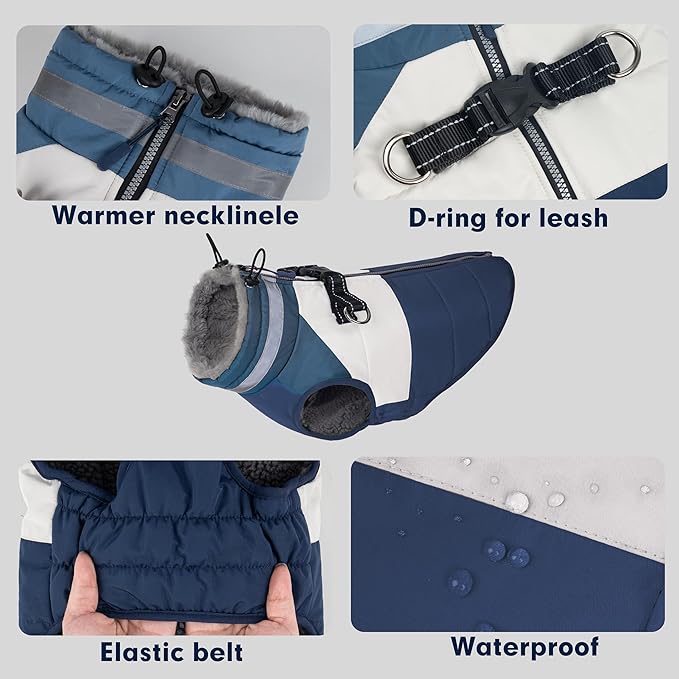 azuza Dog Jacket for Medium Dogs Waterproof Dog Coat with Reflective Strips and Harness Built in Warm Fleece Dogs Winter Coat Windproof with Back Zipper, Navy XL