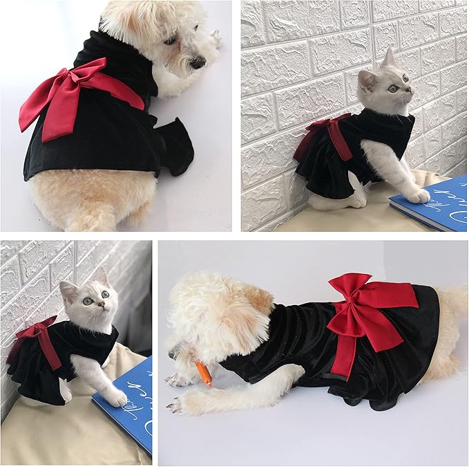 Dog Dress with Bowknot, Fashional All Weather Puppy Clothes Wedding Holiday Princess Pet Dresses for Small Dogs Cats Girl(Small, Black)